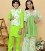 Green embroidered cotton kurta set & kurta jacket brother sister matching combo