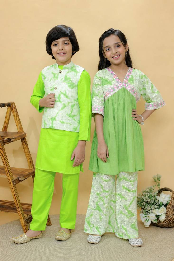 Green embroidered cotton kurta set & kurta jacket brother sister matching combo