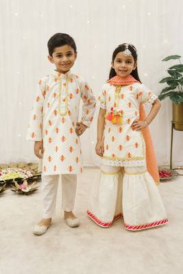 Off white embroidered cotton sharara set & kurta pant brother sister matching combo 1