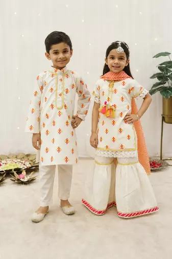 Off white embroidered cotton sharara set & kurta pant brother sister matching combo