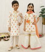 Off white embroidered cotton sharara set & kurta pant brother sister matching combo