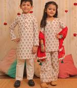 White printed cotton kurta set & kurta pyjama brother sister matching combo