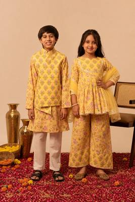 Lemon yellow printed cotton anarkali set & kurta jacket brother sister matching combo 1
