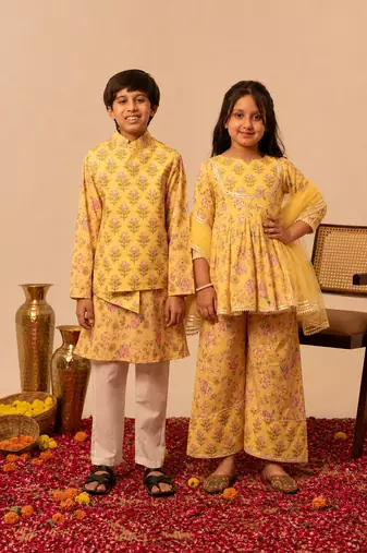 Lemon yellow printed cotton anarkali set & kurta jacket brother sister matching combo