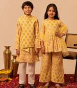 Lemon yellow printed cotton anarkali set & kurta jacket brother sister matching combo