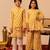 Lemon yellow printed cotton anarkali set & kurta jacket brother sister matching combo