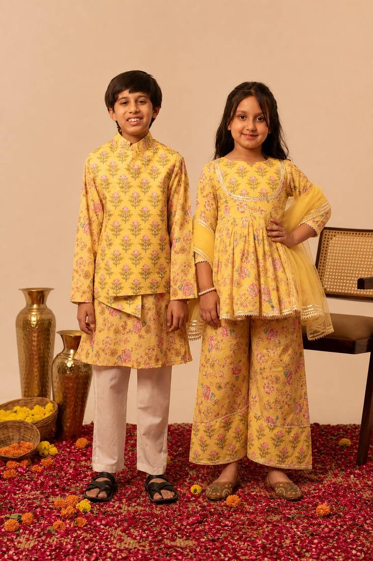 Lemon yellow printed cotton anarkali set & kurta jacket brother sister matching combo