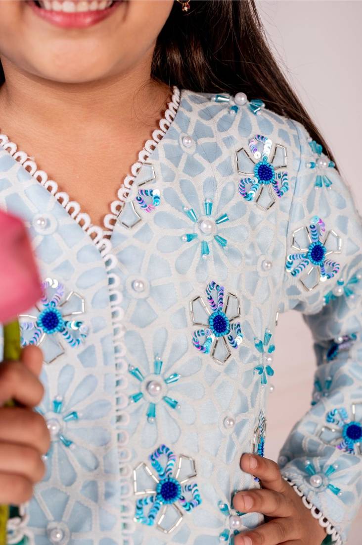Blue embroidered cotton sharara set & bandhgala brother sister matching combo