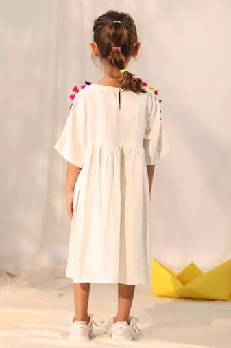 Cream woven blended cotton dress & kurta pyjama brother sister matching combo