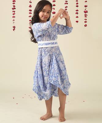 Blue woven cotton dress & kurta pant brother sister matching combo 2