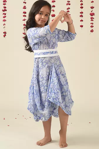 Blue woven cotton dress & kurta pant brother sister matching combo