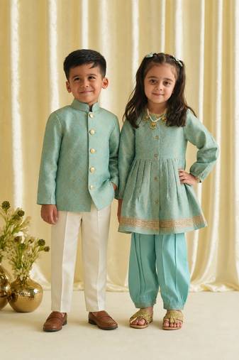 Blue embroidered brocade kurta salwar set & bandhgala brother sister matching combo