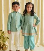 Blue embroidered brocade kurta salwar set & bandhgala brother sister matching combo