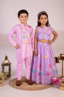 Purple floral embroidered cotton lehenga choli & kurta pant brother sister matching combo 1