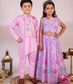 Purple floral embroidered cotton lehenga choli & kurta pant brother sister matching combo