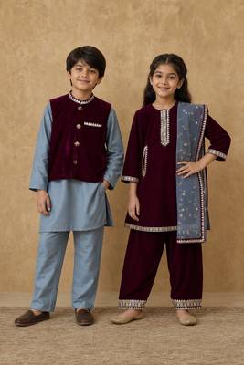 Purple & grey embroidered velvet kurta salwar set & kurta jacket brother sister matching combo 1