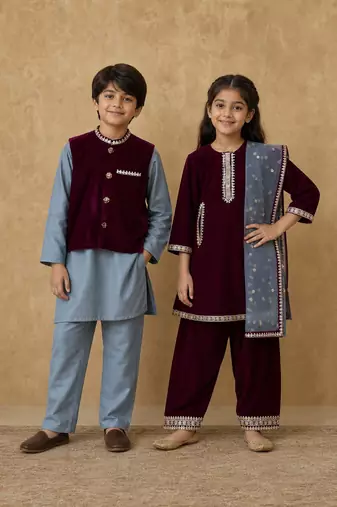 Purple & grey embroidered velvet kurta salwar set & kurta jacket brother sister matching combo