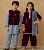 Purple & grey embroidered velvet kurta salwar set & kurta jacket brother sister matching combo