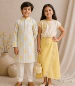 Ivory, yellow & off white embroidered satin co-ord set & kurta pant brother sister matching combo