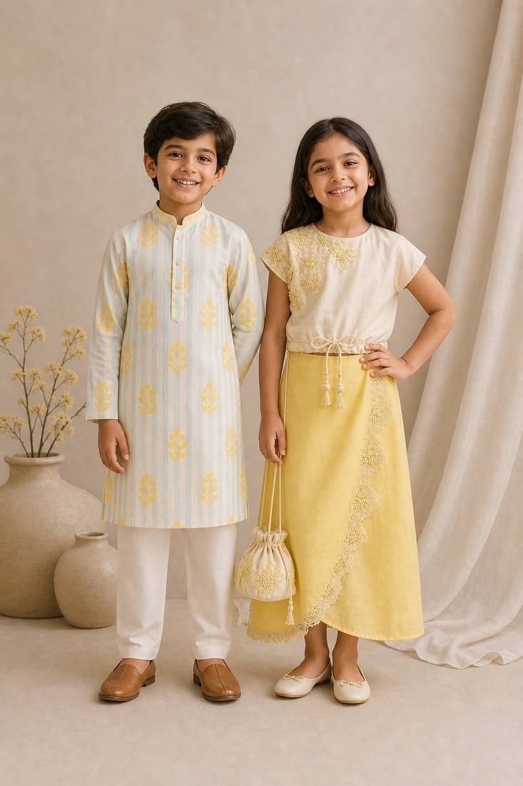 Ivory, yellow & off white embroidered satin co-ord set & kurta pant brother sister matching combo