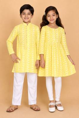 Yellow & mustard chikankari cotton kurta set & kurta pyjama brother sister matching combo 1