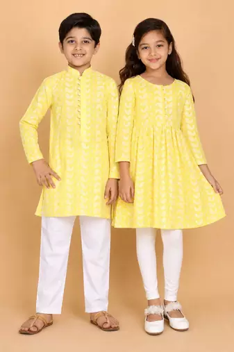 Yellow & mustard chikankari cotton kurta set & kurta pyjama brother sister matching combo