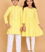 Yellow & mustard chikankari cotton kurta set & kurta pyjama brother sister matching combo