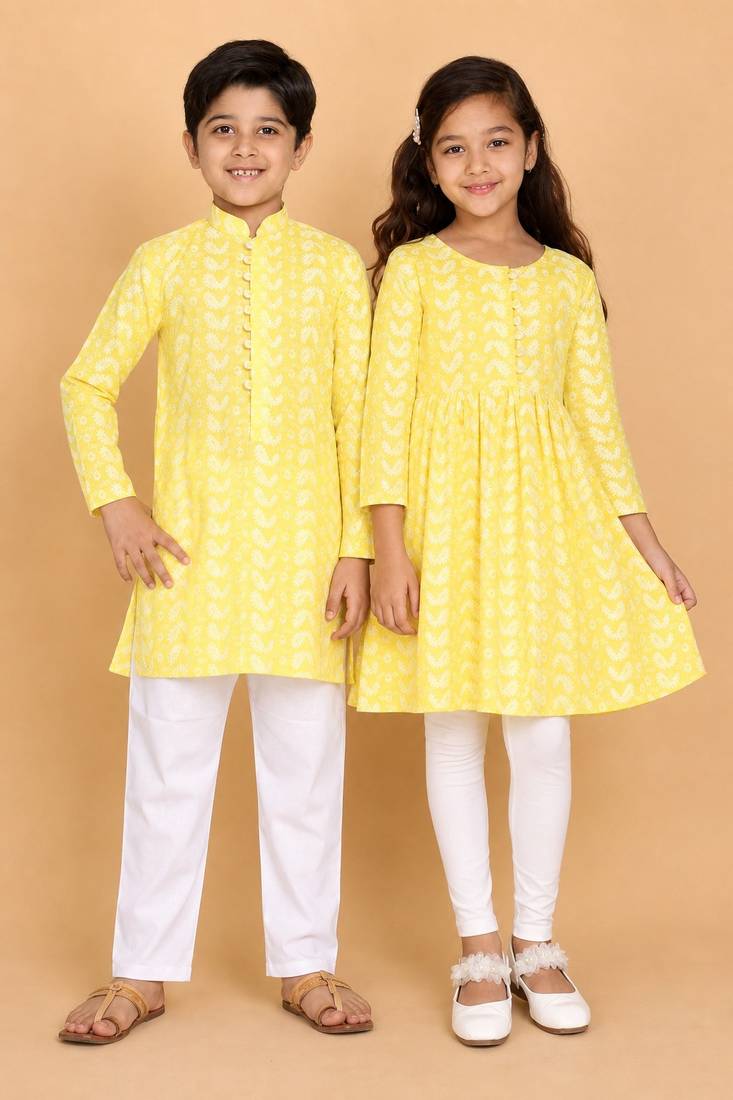 Yellow & mustard chikankari cotton kurta set & kurta pyjama brother sister matching combo