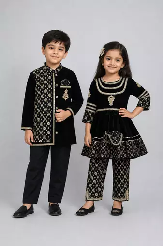 Black embroidered velvet kurta set & kurta pyjama brother sister matching combo