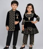 Black embroidered velvet kurta set & kurta pyjama brother sister matching combo