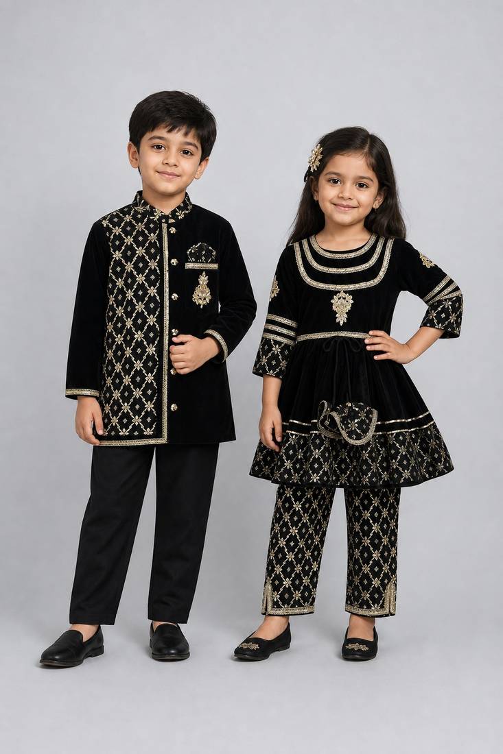 Black embroidered velvet kurta set & kurta pyjama brother sister matching combo