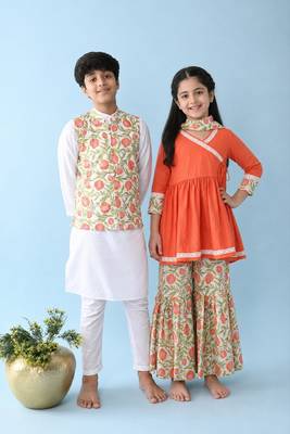 Orange & multicolor woven cotton kurta set & kurta pant brother sister matching combo 1