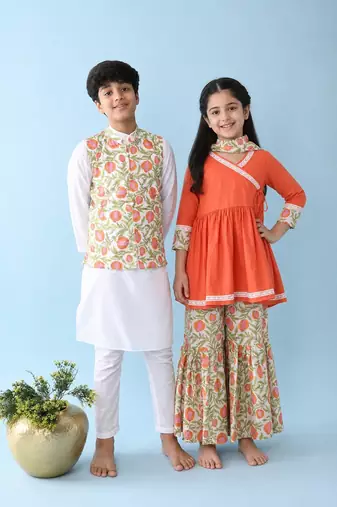 Orange & multicolor woven cotton kurta set & kurta pant brother sister matching combo