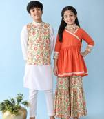 Orange & multicolor woven cotton kurta set & kurta pant brother sister matching combo