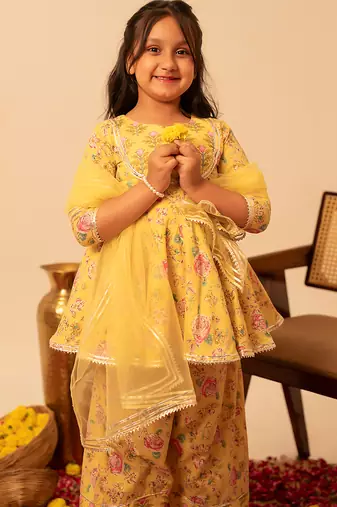 Lemon yellow printed cotton anarkali set & kurta jacket brother sister matching combo