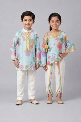 Blue & off white printed chanderi dhoti kurta set & kurta pant brother sister matching combo 1