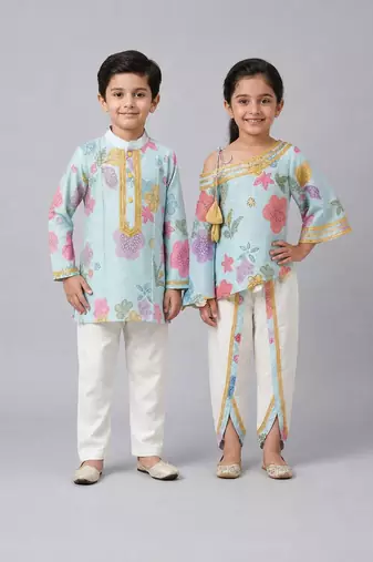 Blue & off white printed chanderi dhoti kurta set & kurta pant brother sister matching combo