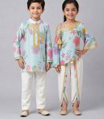 Blue & off white printed chanderi dhoti kurta set & kurta pant brother sister matching combo