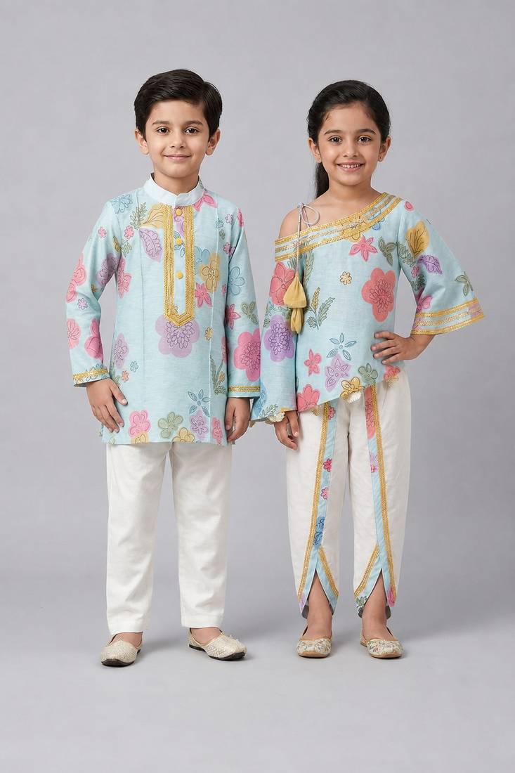 Blue & off white printed chanderi dhoti kurta set & kurta pant brother sister matching combo