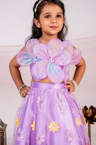 Purple floral embroidered cotton lehenga choli & kurta pant brother sister matching combo