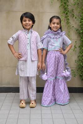 Lilac printed cotton sharara set & kurta jacket brother sister matching combo 1