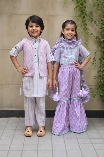 Lilac printed cotton sharara set & kurta jacket brother sister matching combo