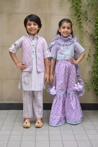 Lilac printed cotton sharara set & kurta jacket brother sister matching combo