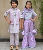 Lilac printed cotton sharara set & kurta jacket brother sister matching combo