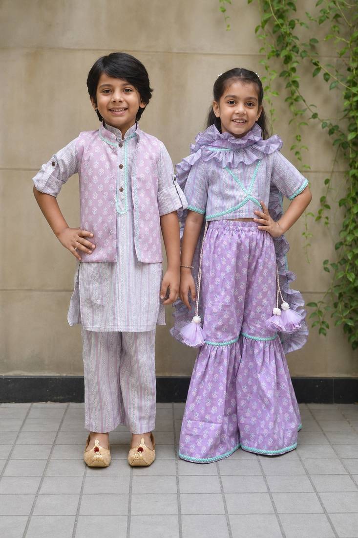 Lilac printed cotton sharara set & kurta jacket brother sister matching combo