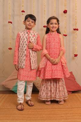 Orange printed cotton gharara set & kurta jacket brother sister matching combo 1