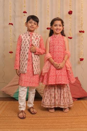 Orange printed cotton gharara set & kurta jacket brother sister matching combo