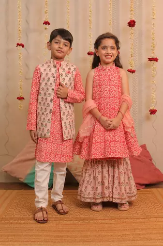 Orange printed cotton gharara set & kurta jacket brother sister matching combo