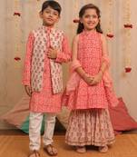 Orange printed cotton gharara set & kurta jacket brother sister matching combo