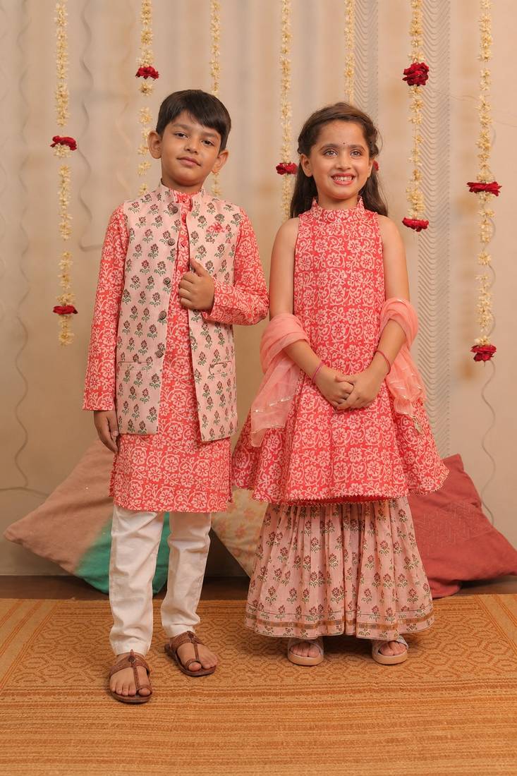 Orange printed cotton gharara set & kurta jacket brother sister matching combo